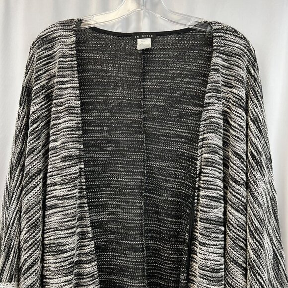 In Style Womens Open Front Black/Ivory Marled Kimono Cardigan Crochet Trim S/M - Picture 2 of 8
